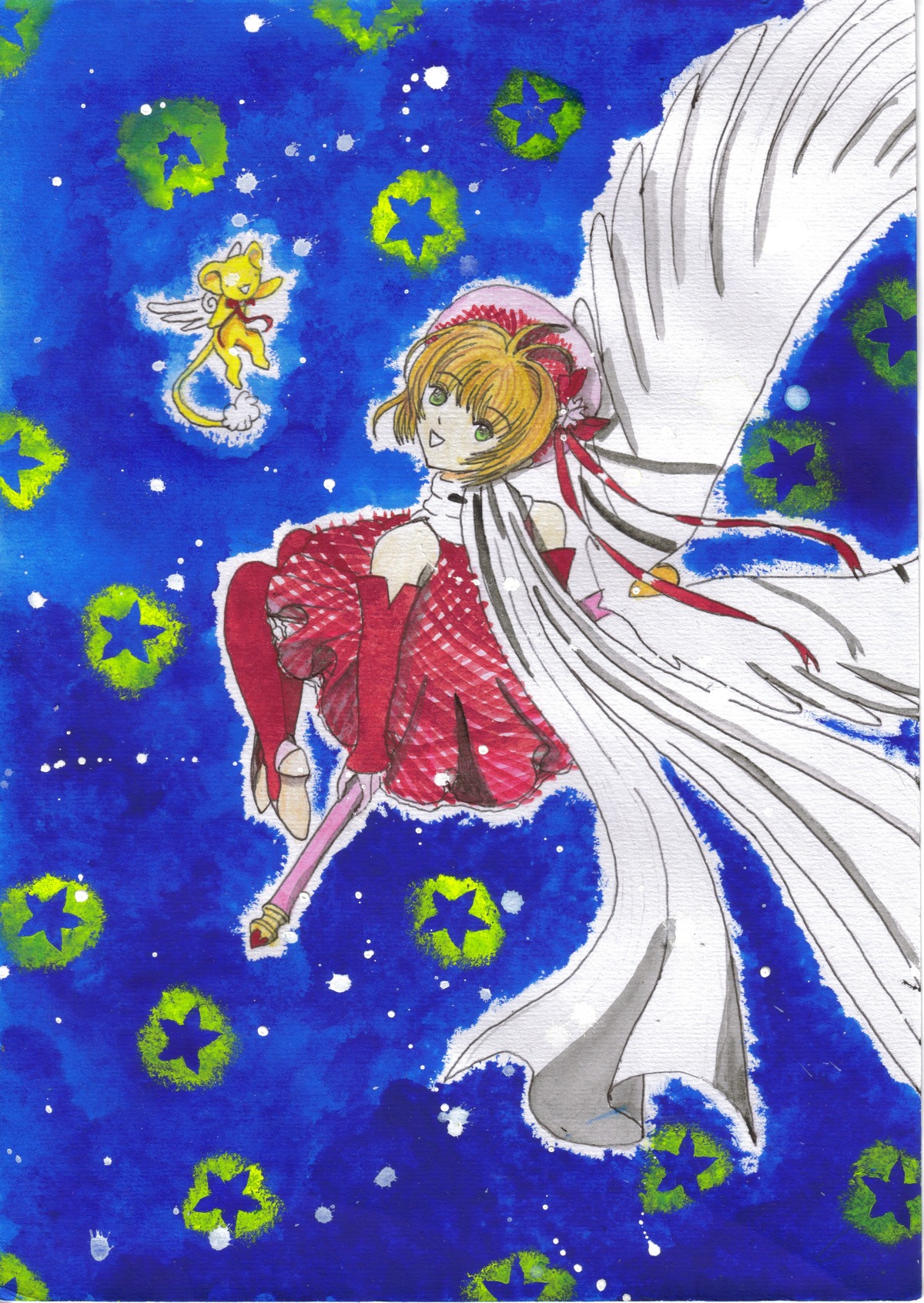 1990s_(style) 1girl :d antenna_hair bangs blue_background brown_hair dress eyebrows_visible_through_hair full_body green_eyes hat holding image kinomoto_sakura magical_girl open_mouth shinku short_hair sky smile solo star_(symbol) traditional_media white_wings wings