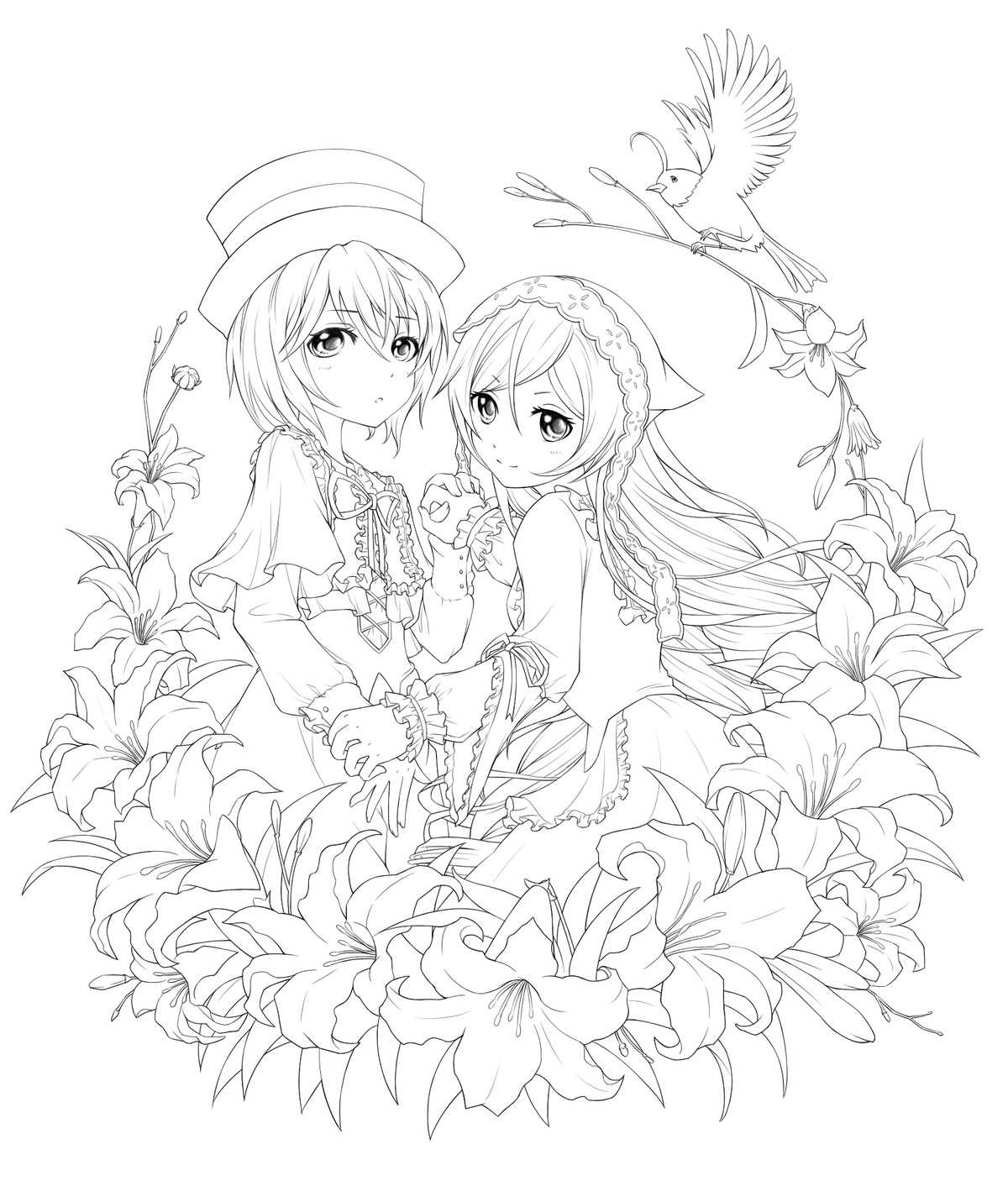 2girls auto_tagged bird blush braid flower frills greyscale hat holding_hands image lily_(flower) lineart long_hair long_sleeves monochrome multiple_girls pair short_hair souseiseki suiseiseki vertical_stripes