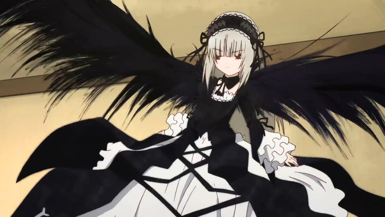 1girl black_ribbon black_wings dress flower frills hairband image long_hair long_sleeves looking_at_viewer ribbon rose silver_hair solo suigintou wings
