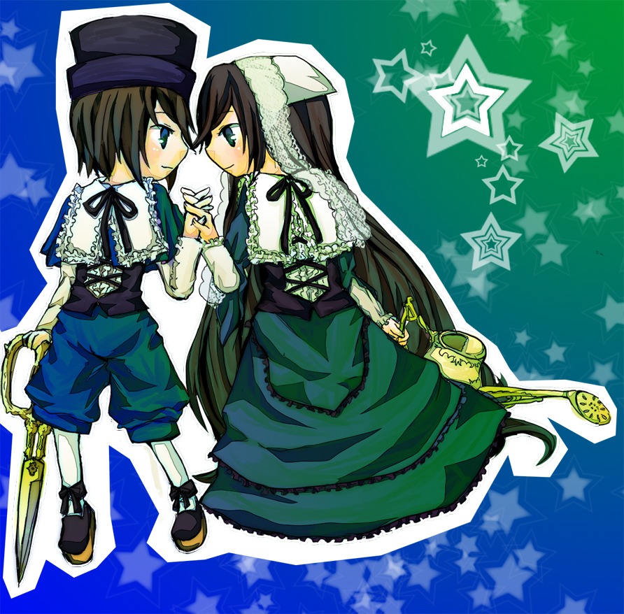 2girls cross dress frills green_dress green_eyes hat head_scarf holding_hands latin_cross long_hair multiple_girls pantyhose scissors short_hair siblings sisters souseiseki star_(symbol) star_hair_ornament star_print starfish starry_background suiseiseki top_hat twins very_long_hair