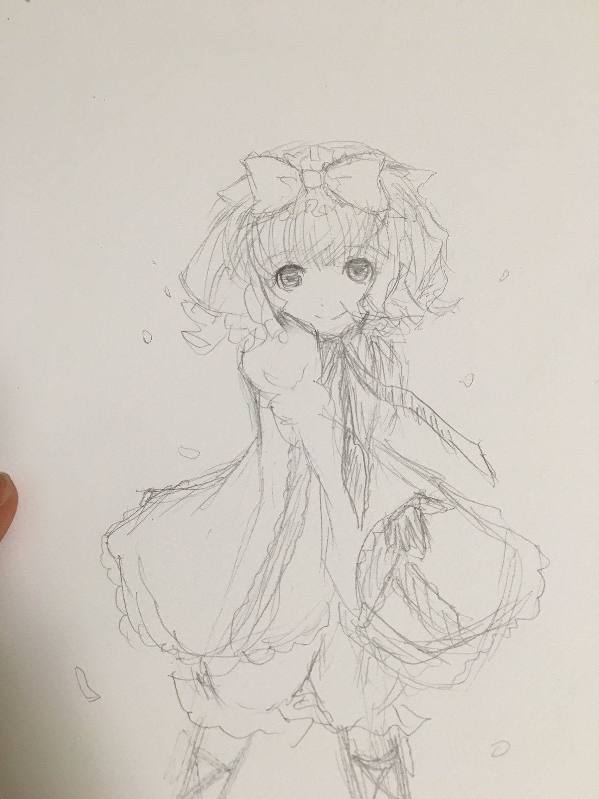 1girl blush bow dress hair_bow hakurei_reimu hinaichigo image looking_at_viewer monochrome petals sketch smile solo traditional_media