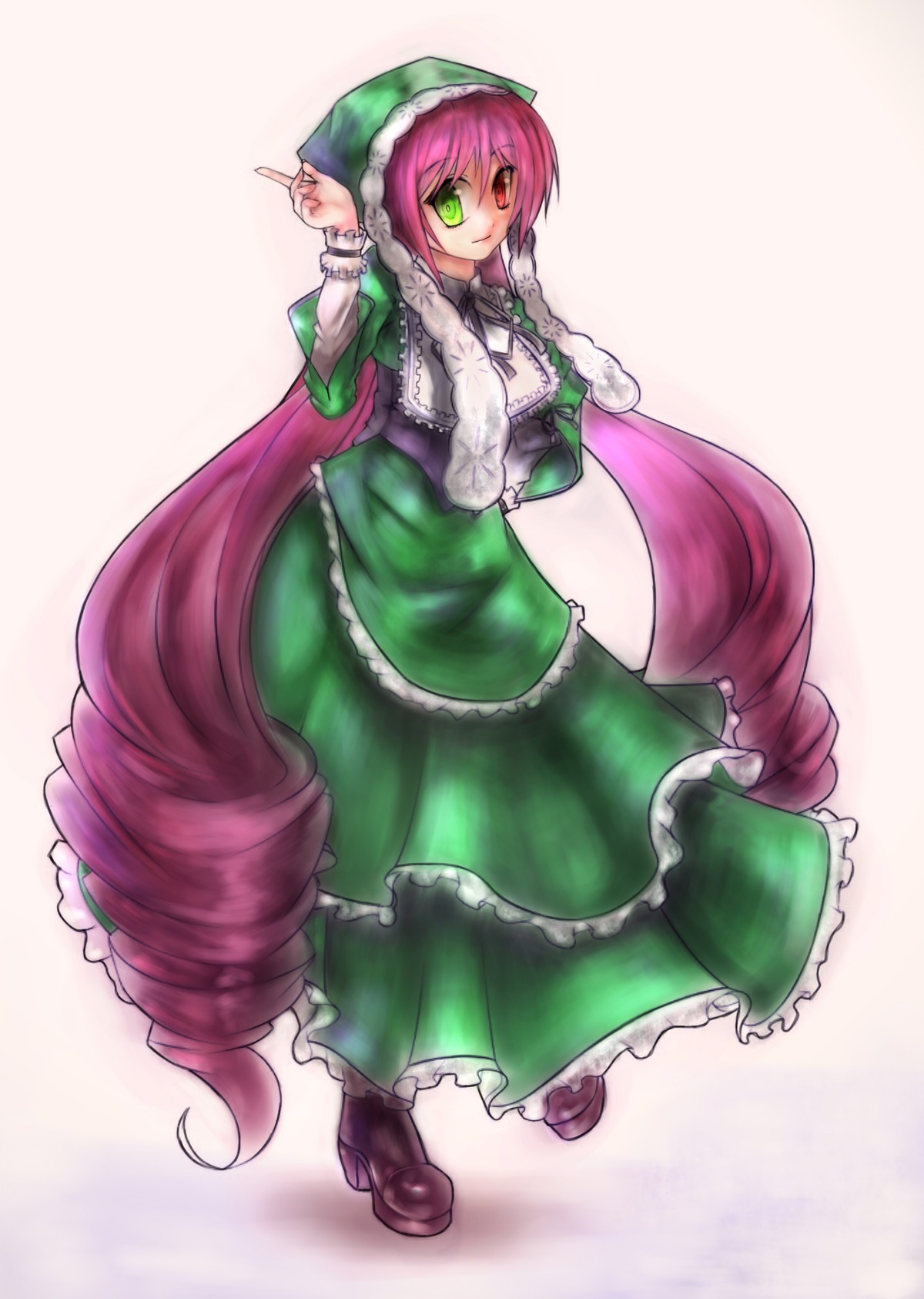 1girl braid dress frills full_body green_eyes hat hong_meiling image index_finger_raised long_hair long_sleeves looking_at_viewer red_eyes shoes smile solo standing suiseiseki twin_braids very_long_hair