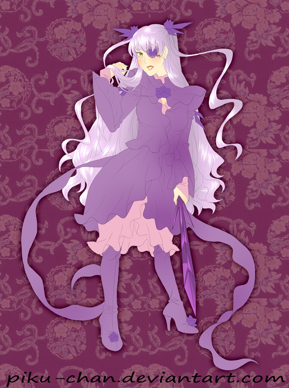 1girl barasuishou boots dress frills full_body high_heel_boots high_heels image long_dress long_hair long_sleeves purple_dress solo standing thigh_boots two_side_up very_long_hair yellow_eyes