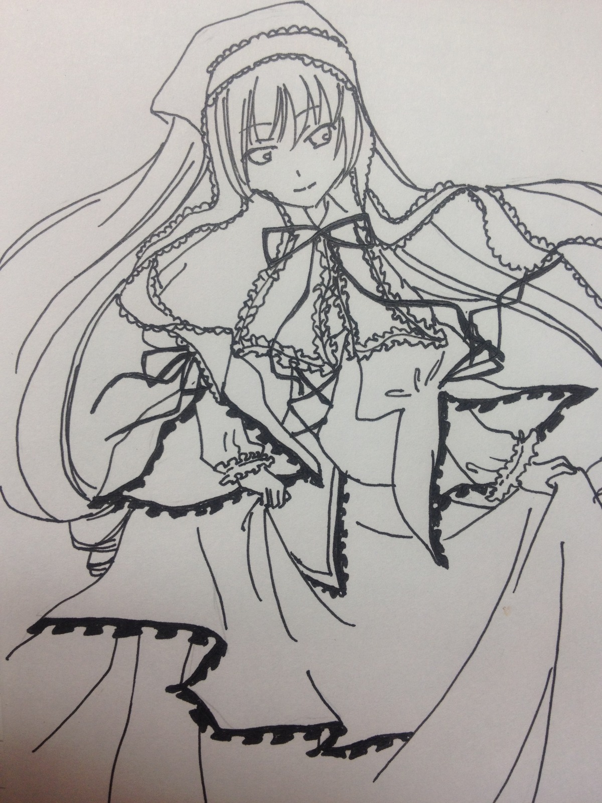 1girl breasts chain dress frills greyscale image long_hair long_sleeves looking_at_viewer monochrome simple_background smile solo suiseiseki traditional_media very_long_hair