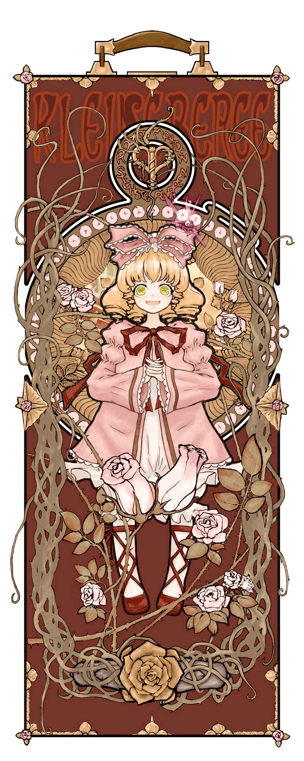 1girl art_nouveau blonde_hair bow commentary_request dress drill_hair flower frame fujinozu highres hina_ichigo hinaichigo image pink_bow pink_dress plant rose rozen_maiden short_hair solo vines yellow_eyes