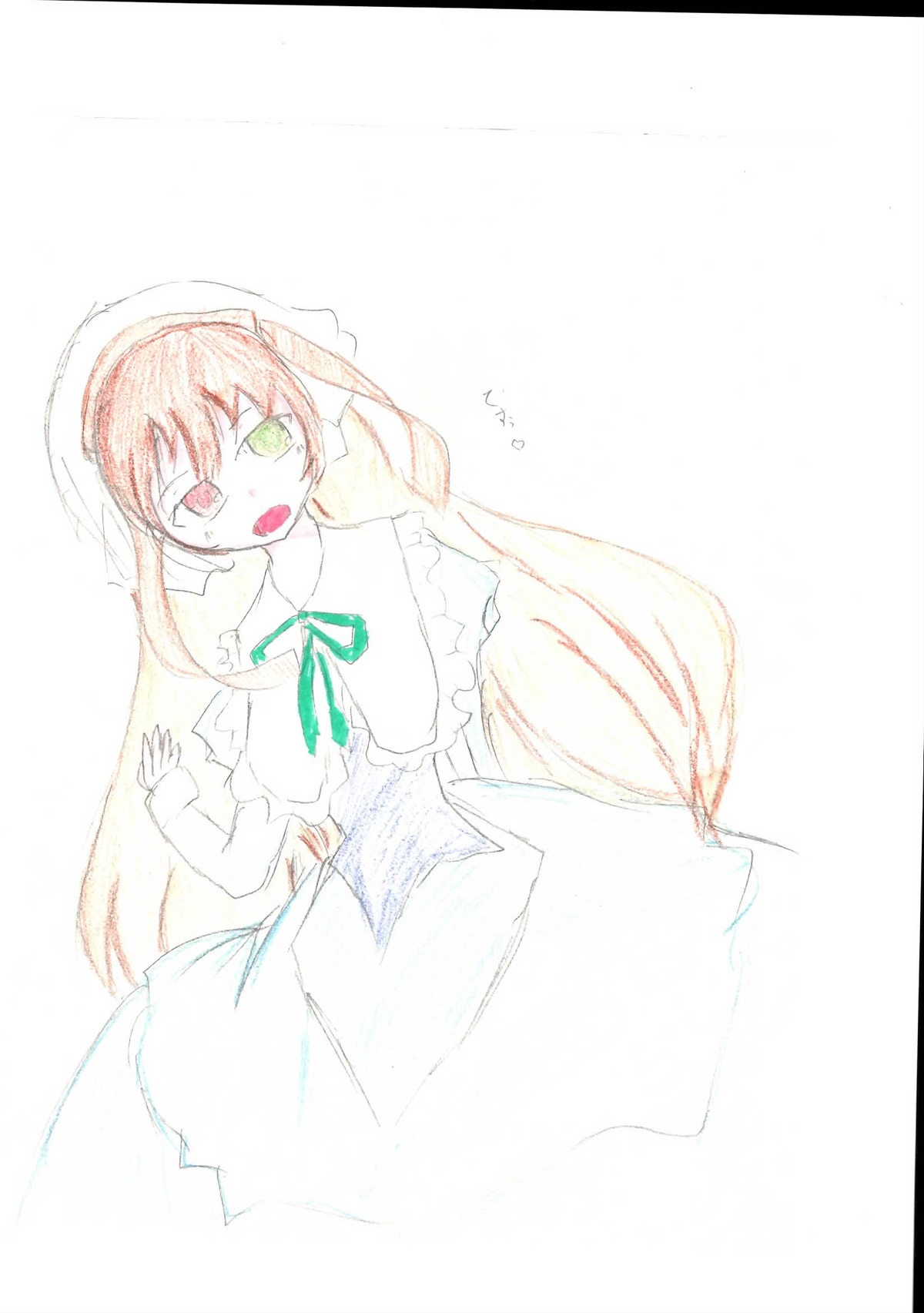 1girl dress green_eyes head_scarf heterochromia image long_hair long_sleeves looking_at_viewer open_mouth red_eyes ribbon simple_background solo suiseiseki very_long_hair white_background