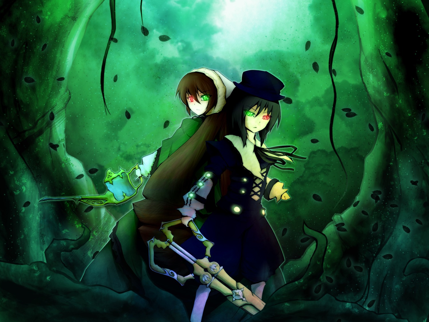 2girls coat dress green_eyes hat heterochromia image long_hair multiple_girls pair red_eyes short_hair siblings sisters souseiseki suiseiseki