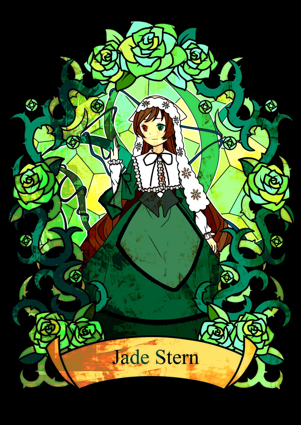 1girl brown_hair dress flower frills green_dress green_eyes head_scarf heterochromia image looking_at_viewer plant purple_rose red_eyes rose short_hair solo souseiseki suiseiseki thorns vines watering_can white_rose yellow_flower yellow_rose