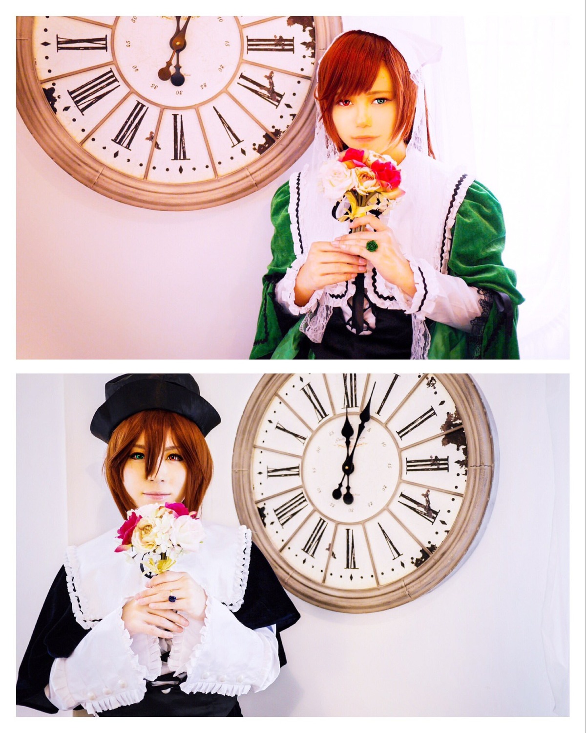 bangs bird blue_eyes brown_hair clock dress feathers flower hat heterochromia long_sleeves multiple_cosplay multiple_girls red_eyes short_hair siblings sisters souseiseki suiseiseki tagme twins