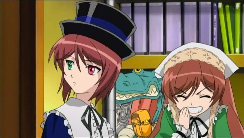 3girls brown_hair closed_eyes frills green_eyes grin hat head_scarf heterochromia image long_hair multiple_girls pair red_eyes short_hair siblings sisters smile souseiseki suiseiseki top_hat twins
