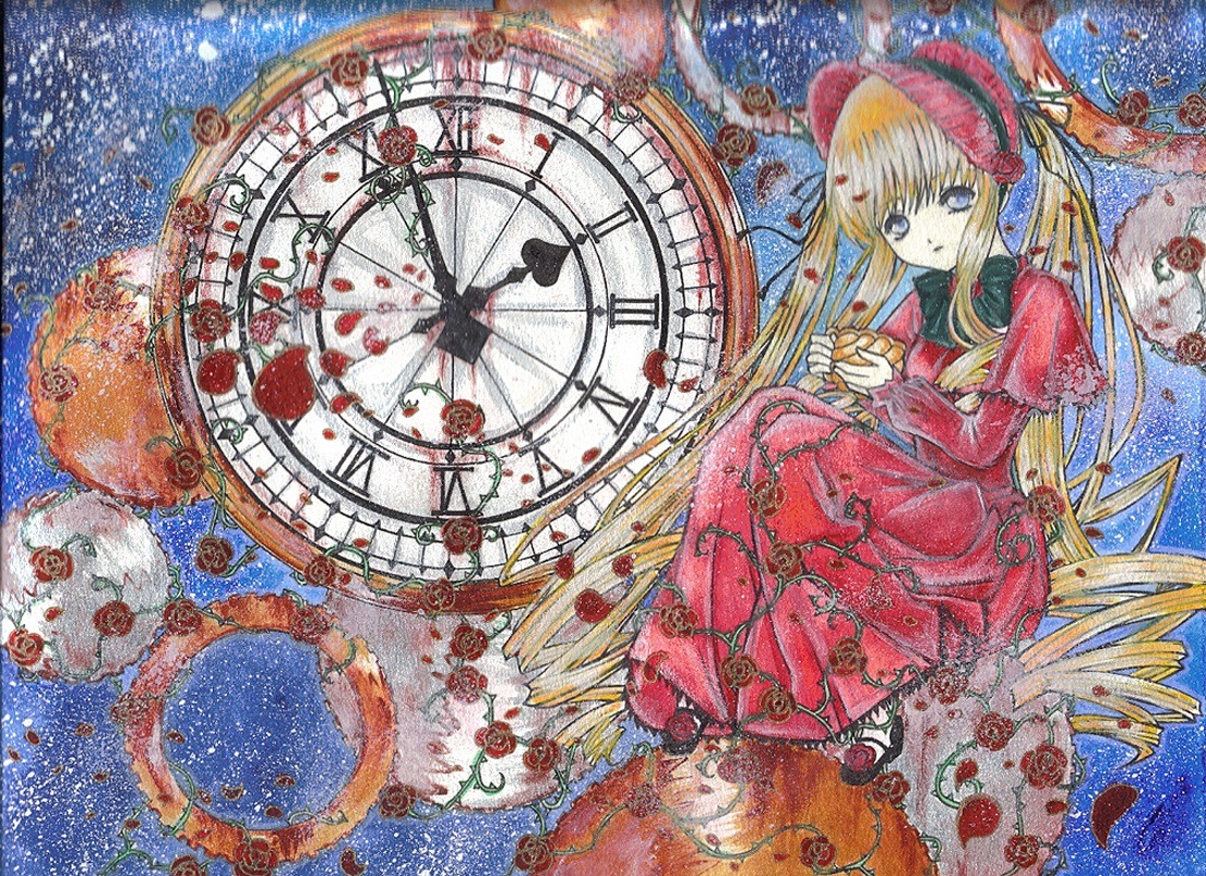 1girl 86800 blonde_hair blue_eyes bow clock dress flower image long_hair long_sleeves marker_(medium) red_dress rose shinku sitting solo traditional_media very_long_hair