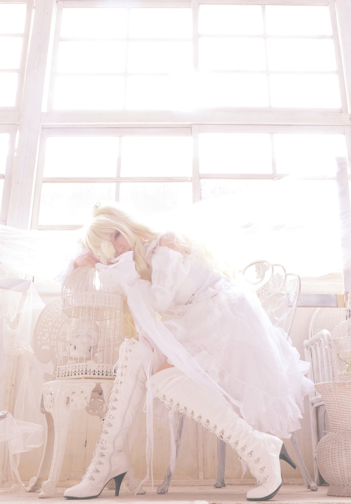 1girl blonde_hair blue_eyes chair dress indoors kirakishou long_hair sitting solo sunlight white_dress window window_shade