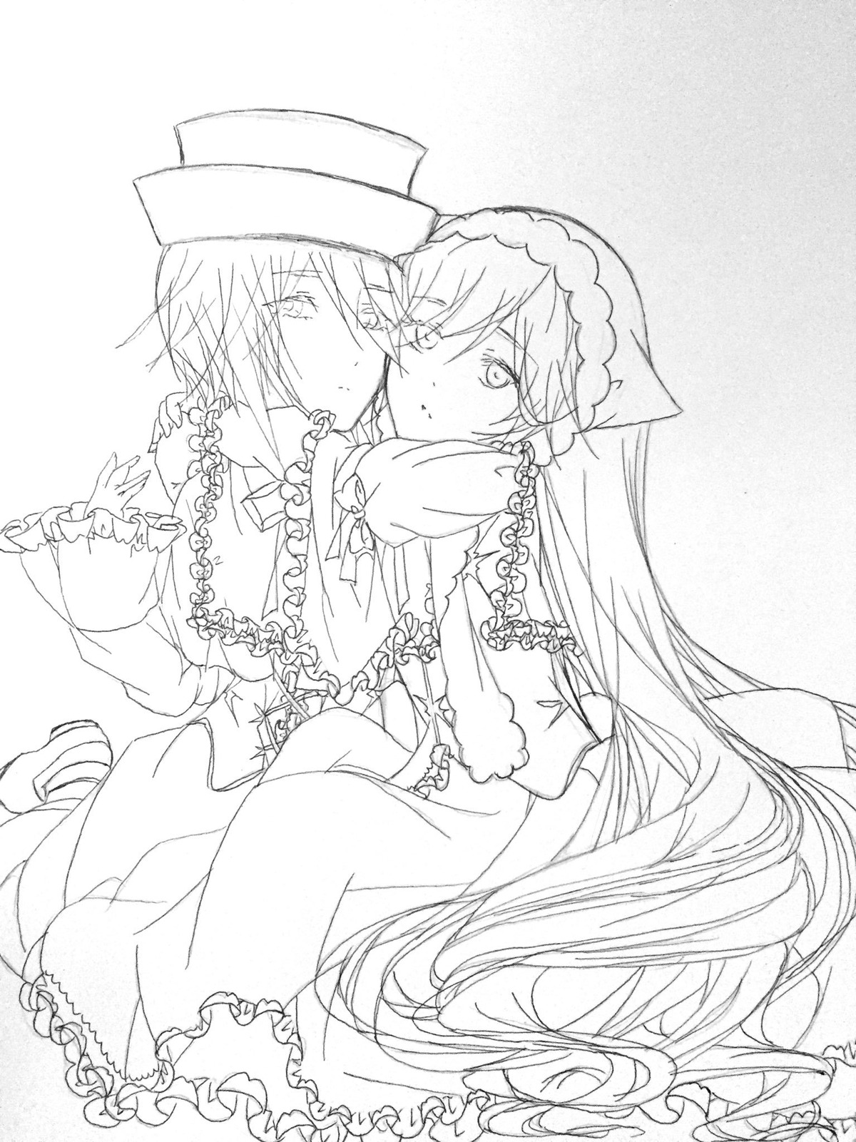 2girls blush capelet dress frilled_dress frills greyscale hat image long_hair long_sleeves monochrome multiple_girls pair sleepingcastle souseiseki suiseiseki top_hat twins very_long_hair yuri
