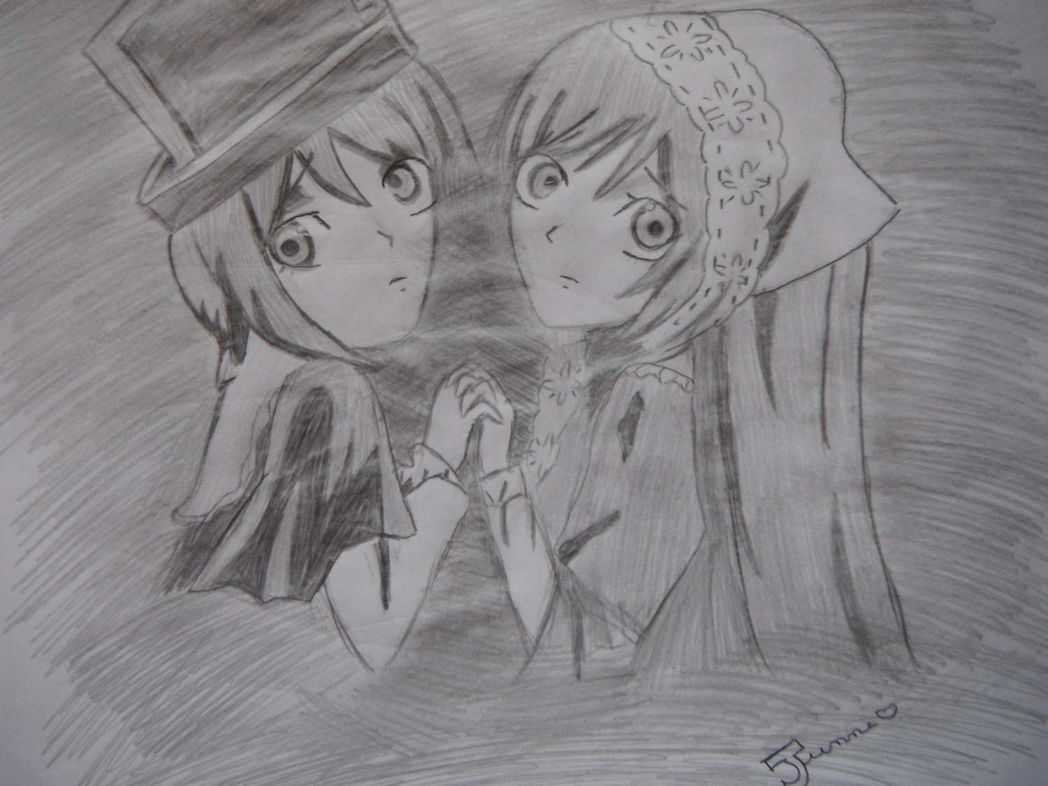 2girls frown greyscale hat holding_hands image interlocked_fingers looking_at_viewer monochrome multiple_girls own_hands_together pair short_hair siblings sisters souseiseki suiseiseki veil