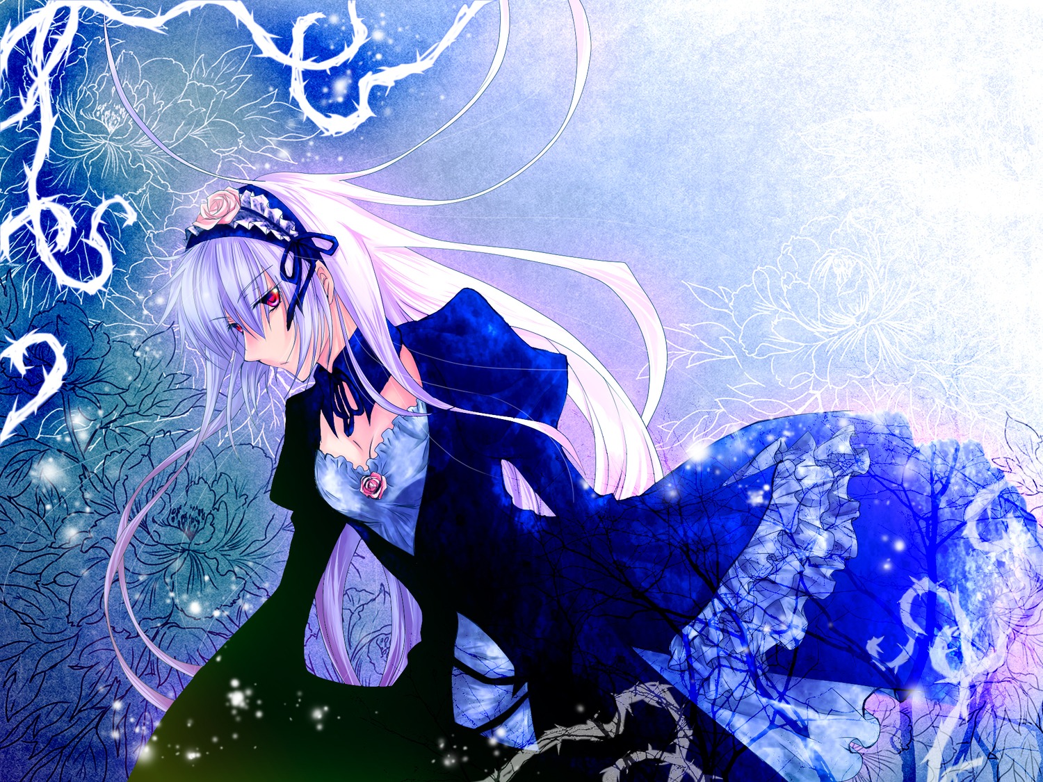 1girl breasts detached_collar dress flower frilled_dress frills hairband image long_hair long_sleeves red_eyes ribbon rose smile solo suigintou wings