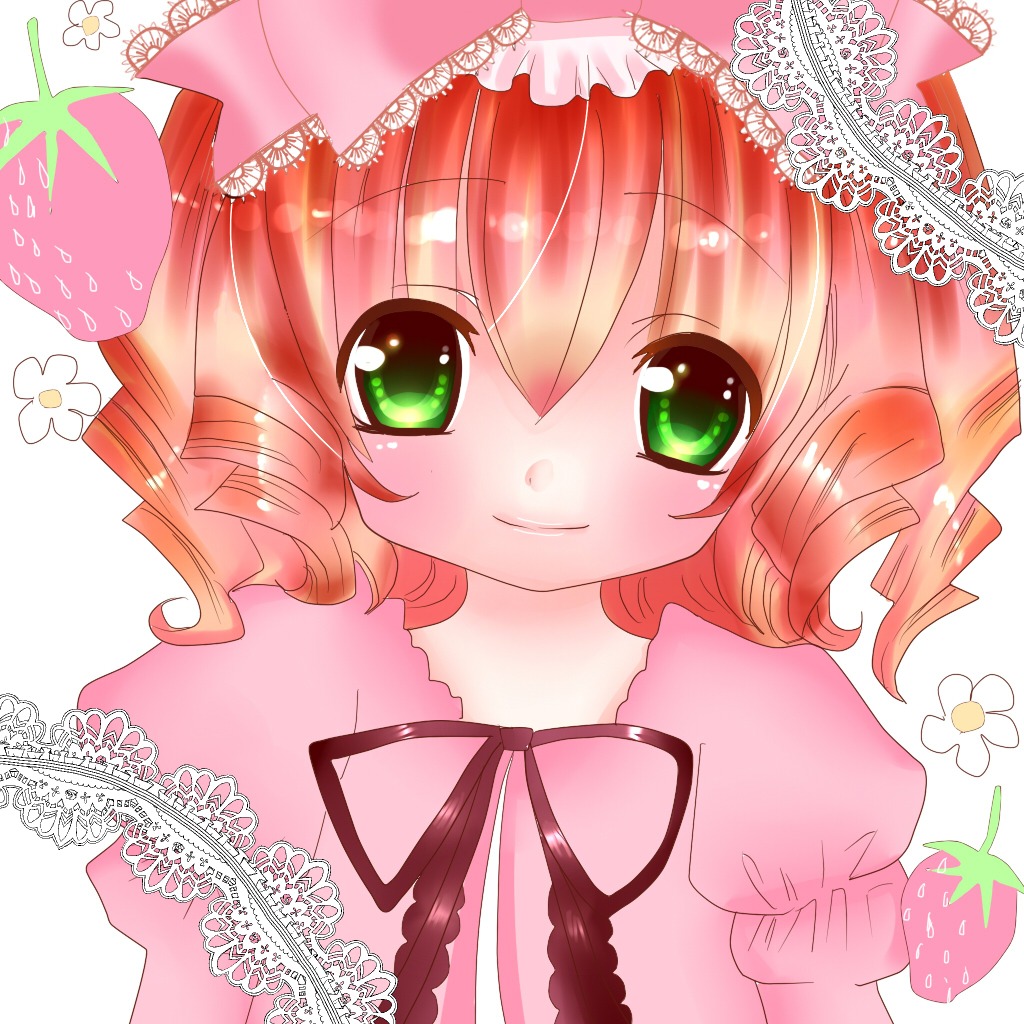 1girl blush dress drill_hair flower food fruit green_eyes hina_ichigo hinaichigo image pink_dress pink_flower ribbon short_hair smile solo strawberry twin_drills upper_body