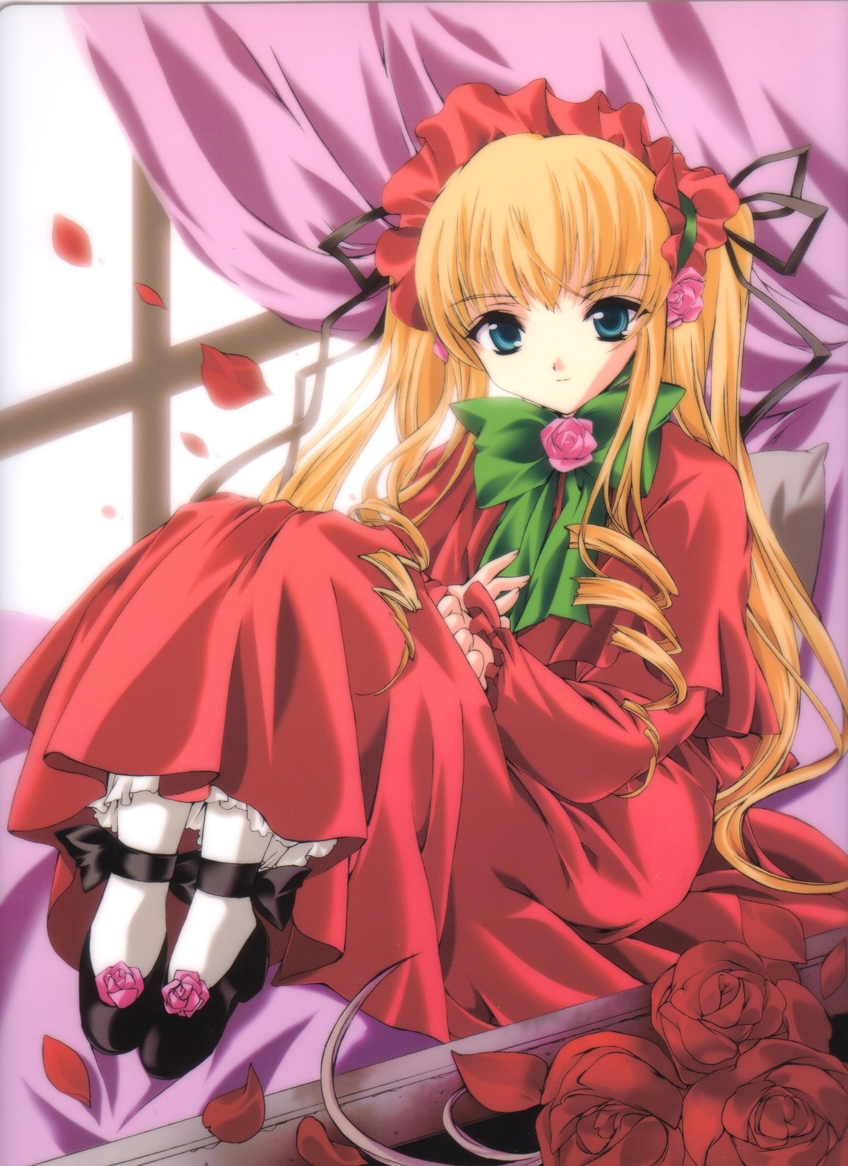 1girl blonde_hair blue_eyes bonnet bow bowtie curtains dress drill_hair flower green_bow image knees_up long_hair long_sleeves looking_at_viewer petals pink_flower pink_rose red_dress red_flower red_rose rose rose_petals shinku shoes sitting solo twintails very_long_hair white_legwear
