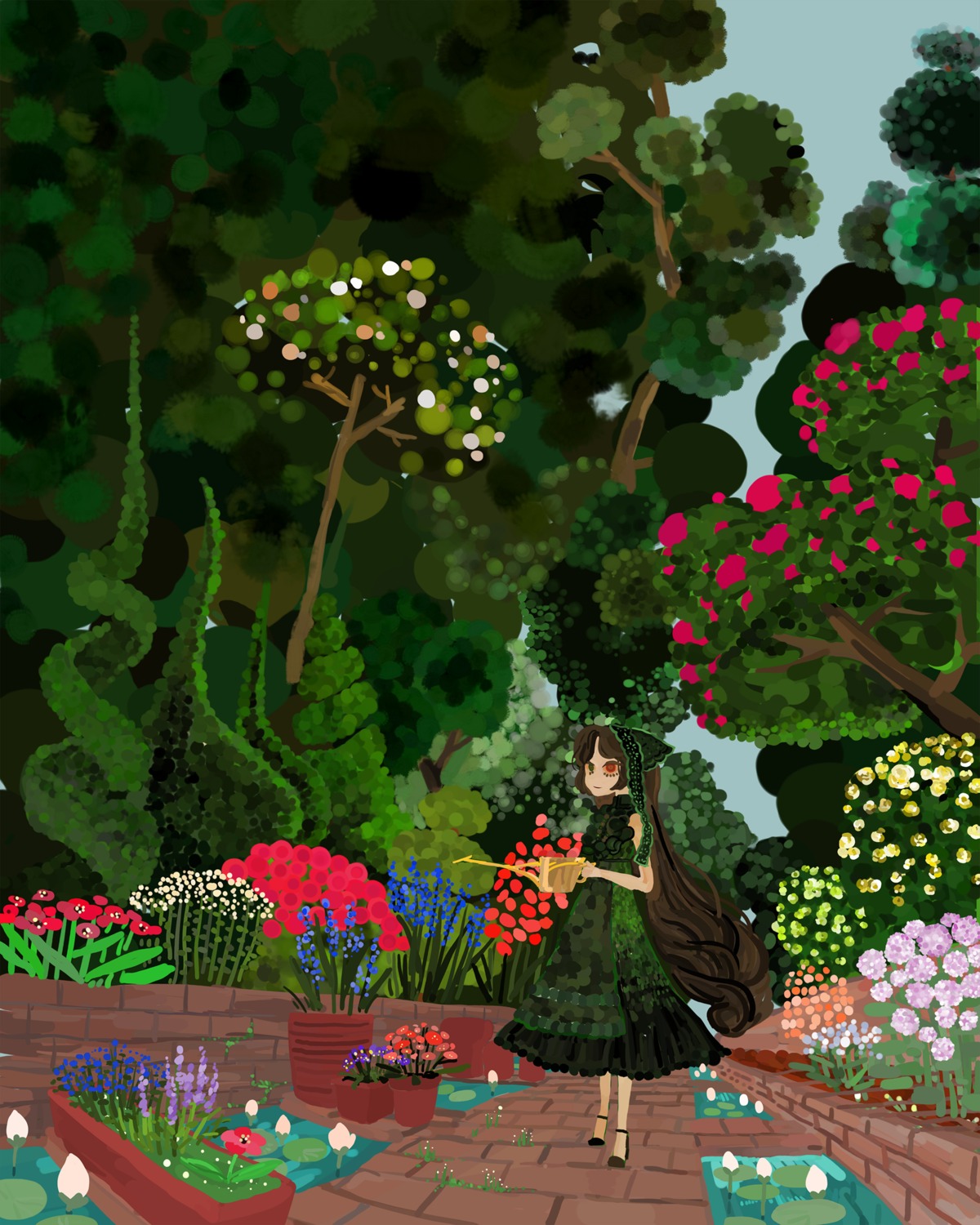 1girl animal_ears black_hair bush dress flower image long_hair plant red_eyes solo standing suiseiseki tree very_long_hair