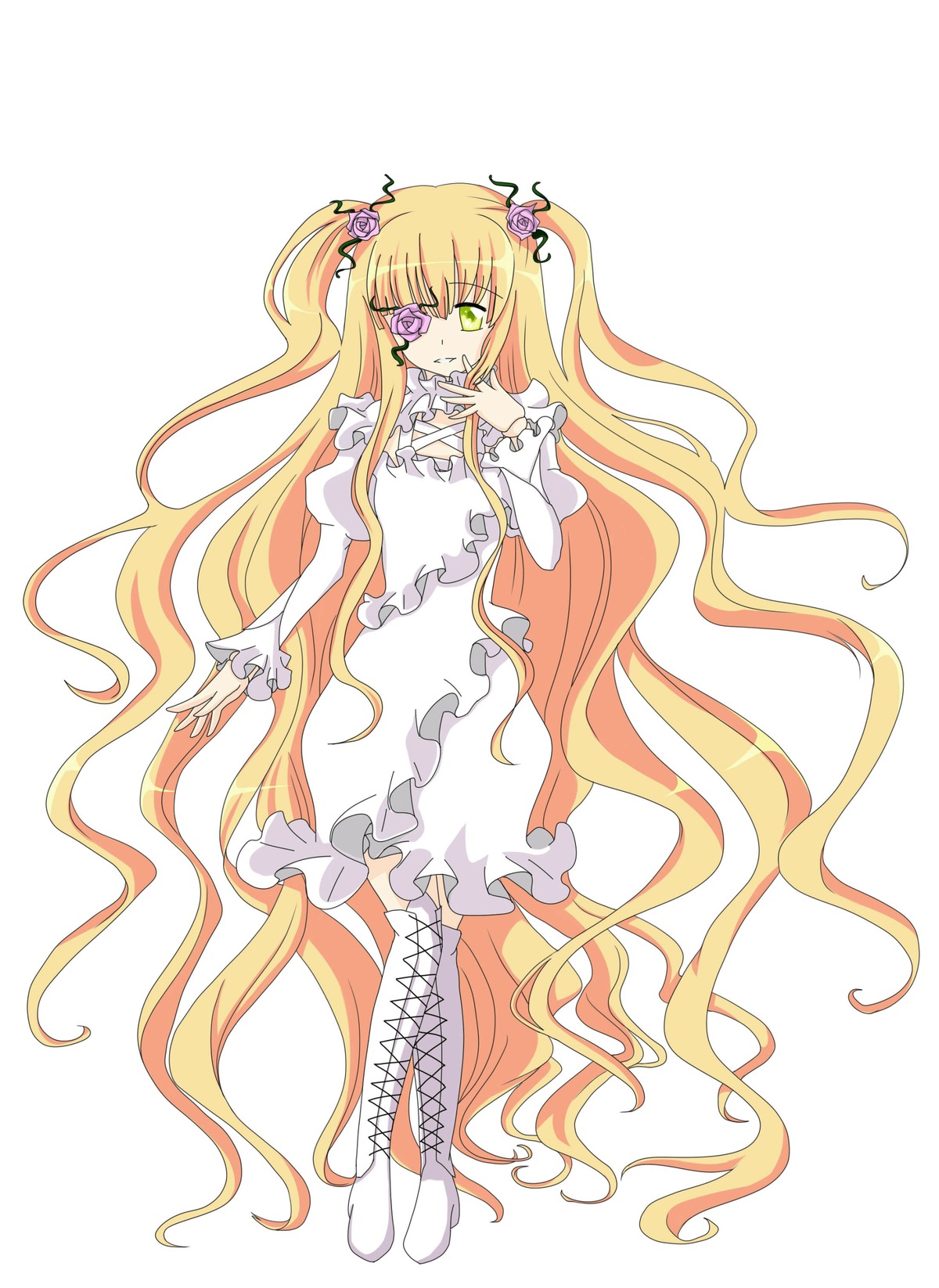 1girl blonde_hair boots bow cross-laced_footwear dress eyepatch flower hair_flower hair_ornament image kirakishou knee_boots long_hair rose solo striped two_side_up very_long_hair white_dress white_footwear