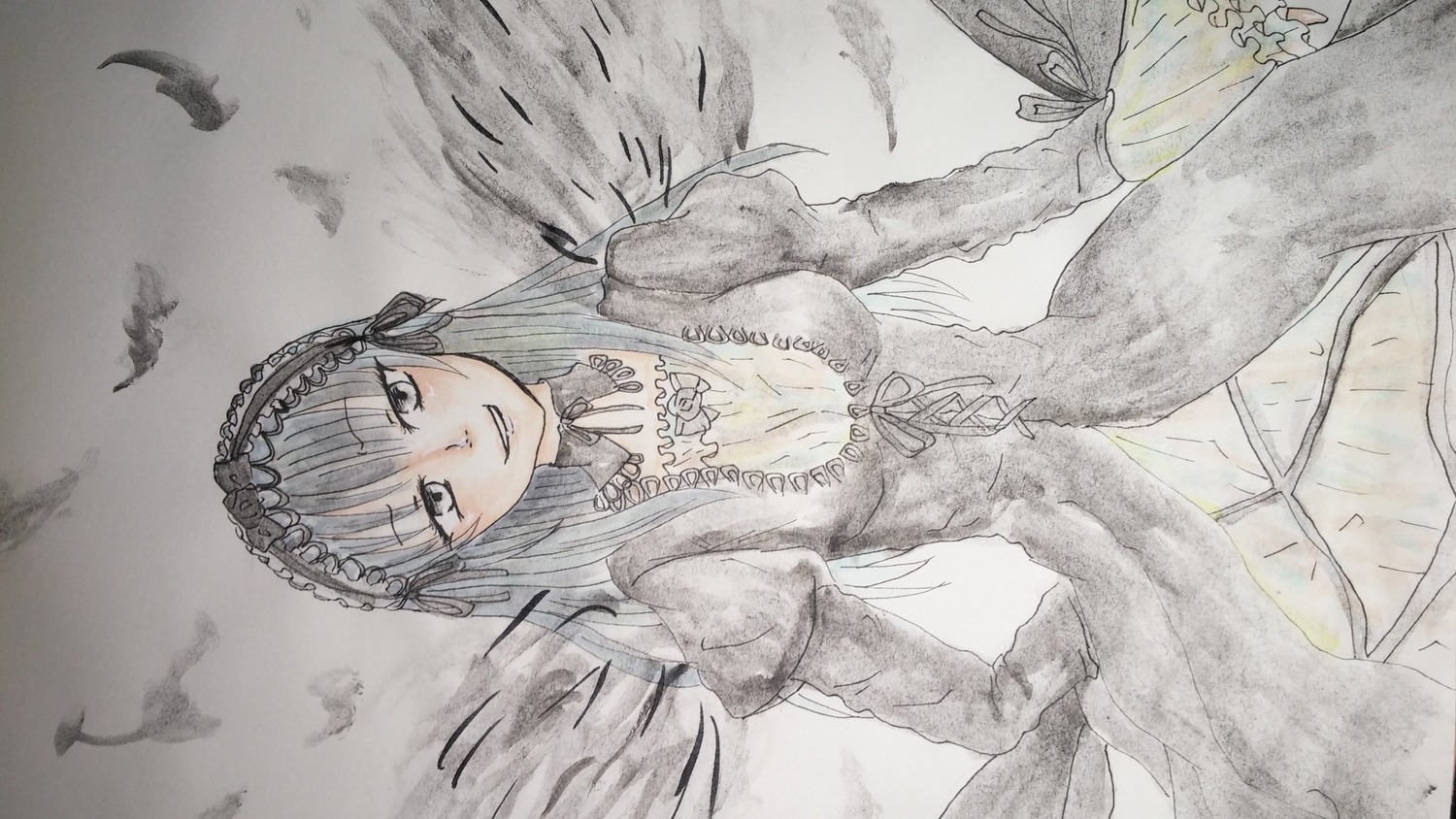 1girl bird breasts dress feathers frills hairband image juliet_sleeves long_hair long_sleeves looking_at_viewer monochrome puffy_sleeves smile solo suigintou traditional_media wings