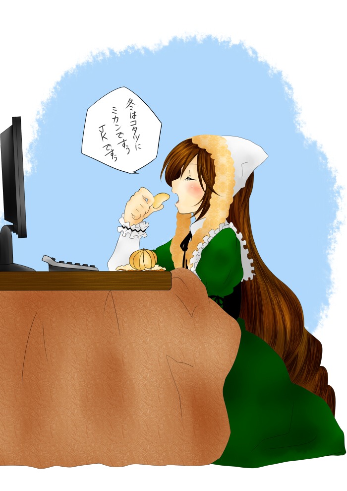 1girl brown_hair closed_eyes dress eating food green_dress hat head_scarf image kotatsu long_hair long_sleeves solo suiseiseki table very_long_hair