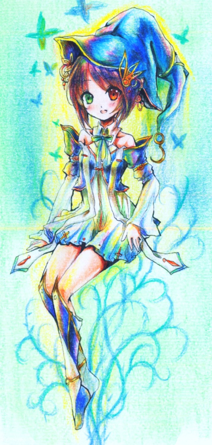 1girl boots brown_hair card dress full_body green_eyes hat heterochromia image letter red_eyes short_dress short_hair solo souseiseki