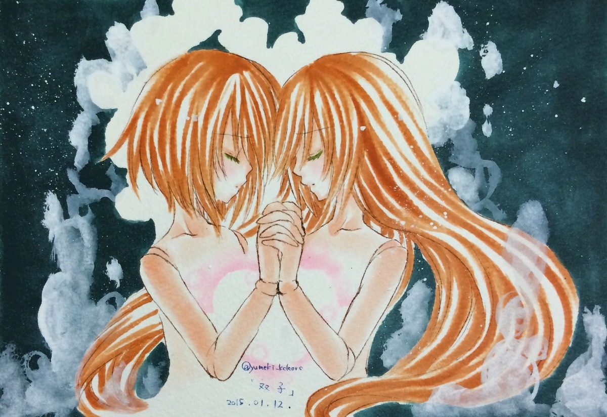 2girls closed_eyes green_eyes hands_clasped holding_hands image interlocked_fingers long_hair multiple_girls night night_sky orange_hair own_hands_together pair profile short_hair sky souseiseki star_(sky) starry_sky suiseiseki traditional_media very_long_hair watercolor_(medium) yuri
