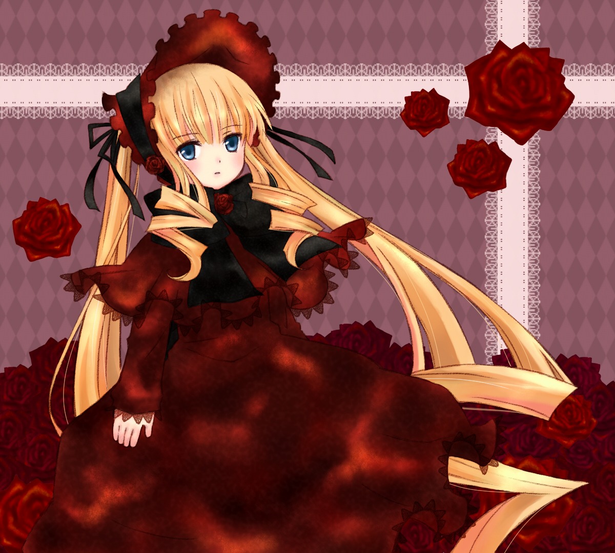 1girl argyle argyle_background argyle_legwear black_flower black_rose blonde_hair blue_eyes board_game bonnet checkerboard_cookie checkered checkered_background checkered_floor checkered_kimono checkered_skirt chess_piece dress drill_hair floor flower image long_hair perspective petals pink_flower pink_rose plaid_background purple_rose red_flower red_rose red_theme rose rose_petals shinku solo thorns tile_floor tile_wall tiles twintails vanishing_point yellow_rose