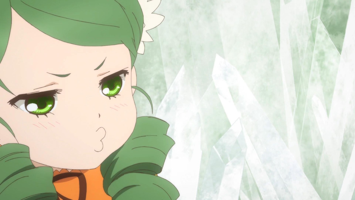 1girl blush curtains flower green_eyes green_hair hair_ornament image kanaria looking_at_viewer pout solo swept_bangs