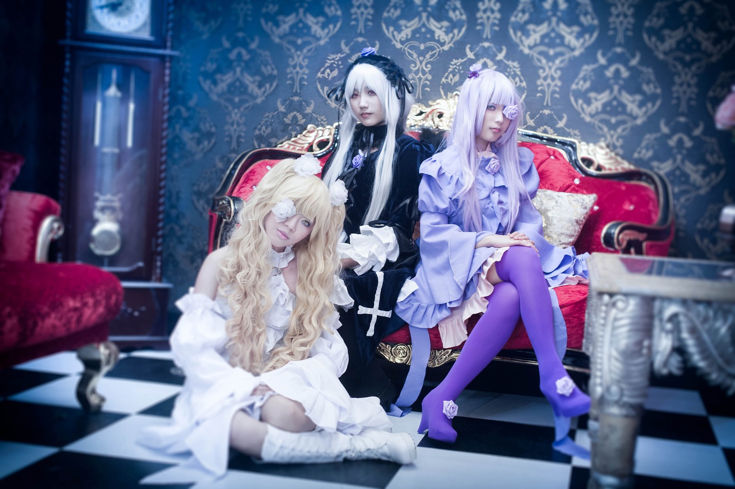 3girls argyle argyle_background argyle_legwear blonde_hair blurry blurry_foreground board_game chair checkered checkered_background checkered_floor chess_piece closed_eyes depth_of_field dress frills lips long_hair multiple_cosplay multiple_girls perspective sitting tagme thighhighs tile_floor tiles white_hair
