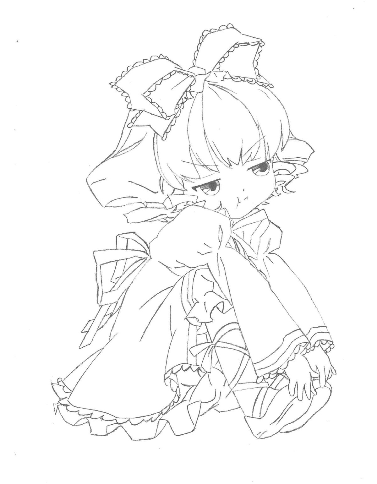 1girl :t auto_tagged bow dress drill_hair frills full_body greyscale hair_bow hinaichigo image long_sleeves monochrome pout ribbon solo tears