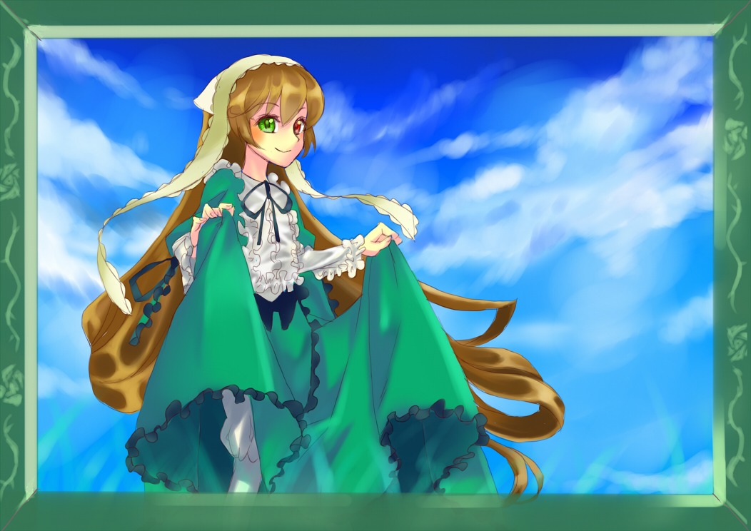 1girl blue_sky brown_hair cloud day dress frills green_dress green_eyes head_scarf heterochromia image long_hair long_sleeves looking_at_viewer outdoors red_eyes skirt_hold sky smile solo suiseiseki very_long_hair