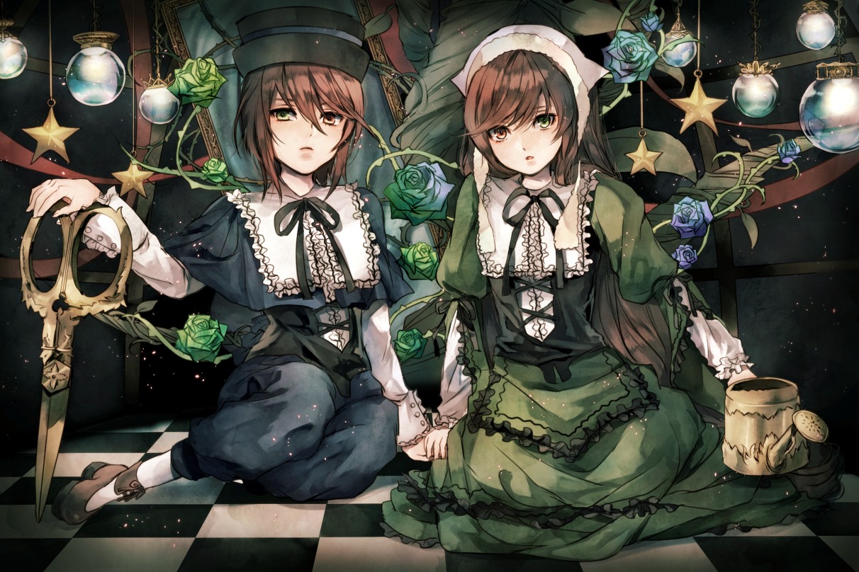 2girls argyle argyle_background argyle_legwear blue_flower blue_rose board_game brown_hair checkerboard_cookie checkered checkered_background checkered_floor checkered_kimono checkered_skirt chess_piece commentary_request cookie dress flower green_dress green_eyes green_flower green_rose hat heterochromia holding_hands image light_bulb long_hair mirror multiple_girls on_floor pair pantyhose perspective pink_rose plant red_eyes ribbon rose rozen_maiden sakuyu scissors short_hair siblings sisters souseiseki star_(symbol) suiseiseki tile_floor tiles top_hat twins vanishing_point very_long_hair watering_can