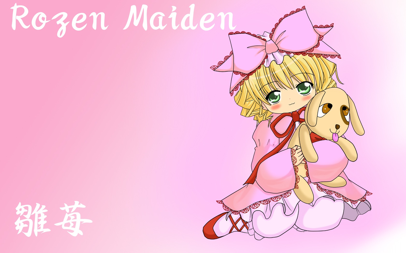 1girl blonde_hair blush bow dress frills green_eyes hair_bow hina_ichigo hinaichigo image long_sleeves looking_at_viewer pink_background pink_bow pink_dress short_hair smile solo stuffed_animal