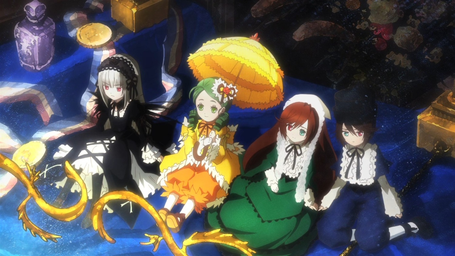 4girls bonnet brown_hair dress flower frills green_eyes hairband heterochromia image kanaria long_hair long_sleeves moon multiple multiple_girls parasol red_eyes shinku short_hair souseiseki suigintou suiseiseki tagme umbrella