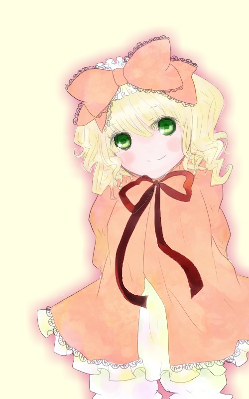 1girl blonde_hair blush bow dress frills green_eyes hair_bow hina_ichigo hinaichigo image long_sleeves looking_at_viewer pink_bow ribbon short_hair simple_background smile solo