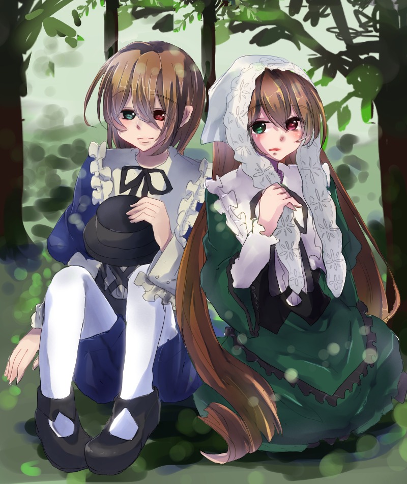 2girls brown_hair dress green_dress green_eyes hat_removed head_scarf headwear_removed heterochromia image long_hair long_sleeves looking_at_viewer multiple_girls pair red_eyes short_hair siblings sisters sitting souseiseki suiseiseki twins very_long_hair watering_can white_legwear