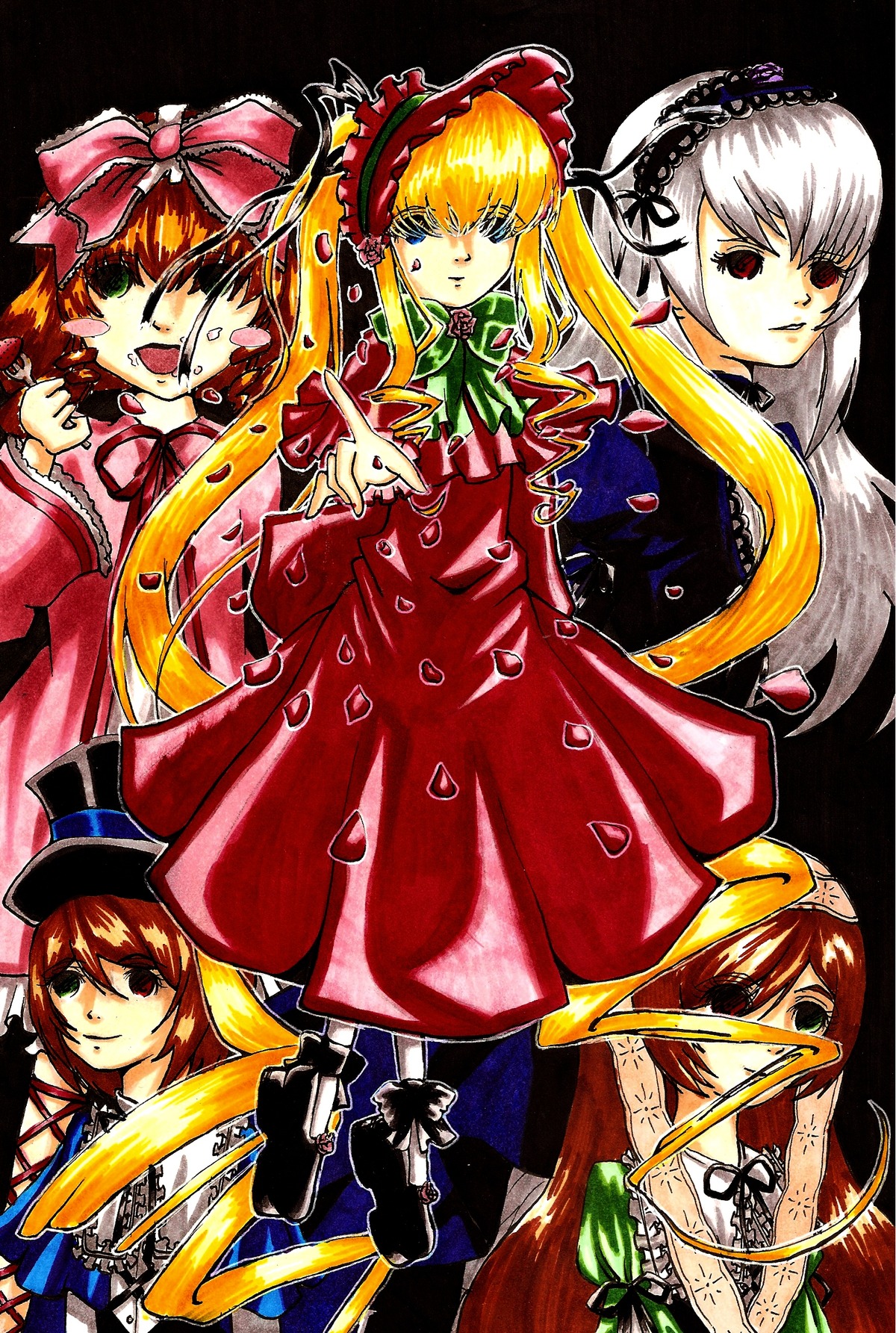 blonde_hair blue_eyes bow brown_hair dress flower frills hat heterochromia hina_ichigo image long_hair long_sleeves looking_at_viewer multiple multiple_girls pink_bow red_eyes shinku silver_hair smile souseiseki suigintou suiseiseki tagme twintails very_long_hair wings