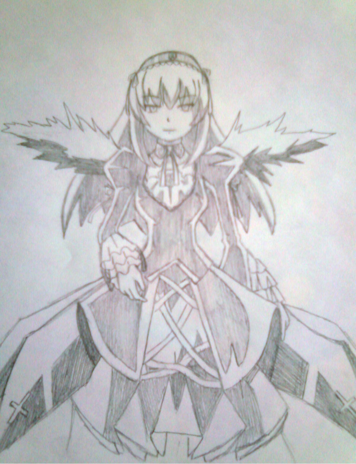 1girl akemi_homura akuma_homura argyle argyle_legwear bow dress feathered_wings greyscale image long_hair long_sleeves looking_at_viewer monochrome ribbon simple_background solo suigintou traditional_media wings