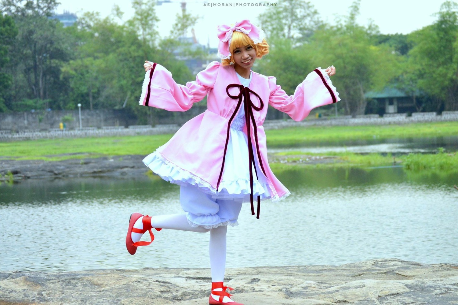 1girl blonde_hair day dress forest hat hinaichigo long_sleeves nature outdoors outstretched_arms pantyhose photo_background short_hair sky smile solo spread_arms standing tree water white_legwear wide_sleeves