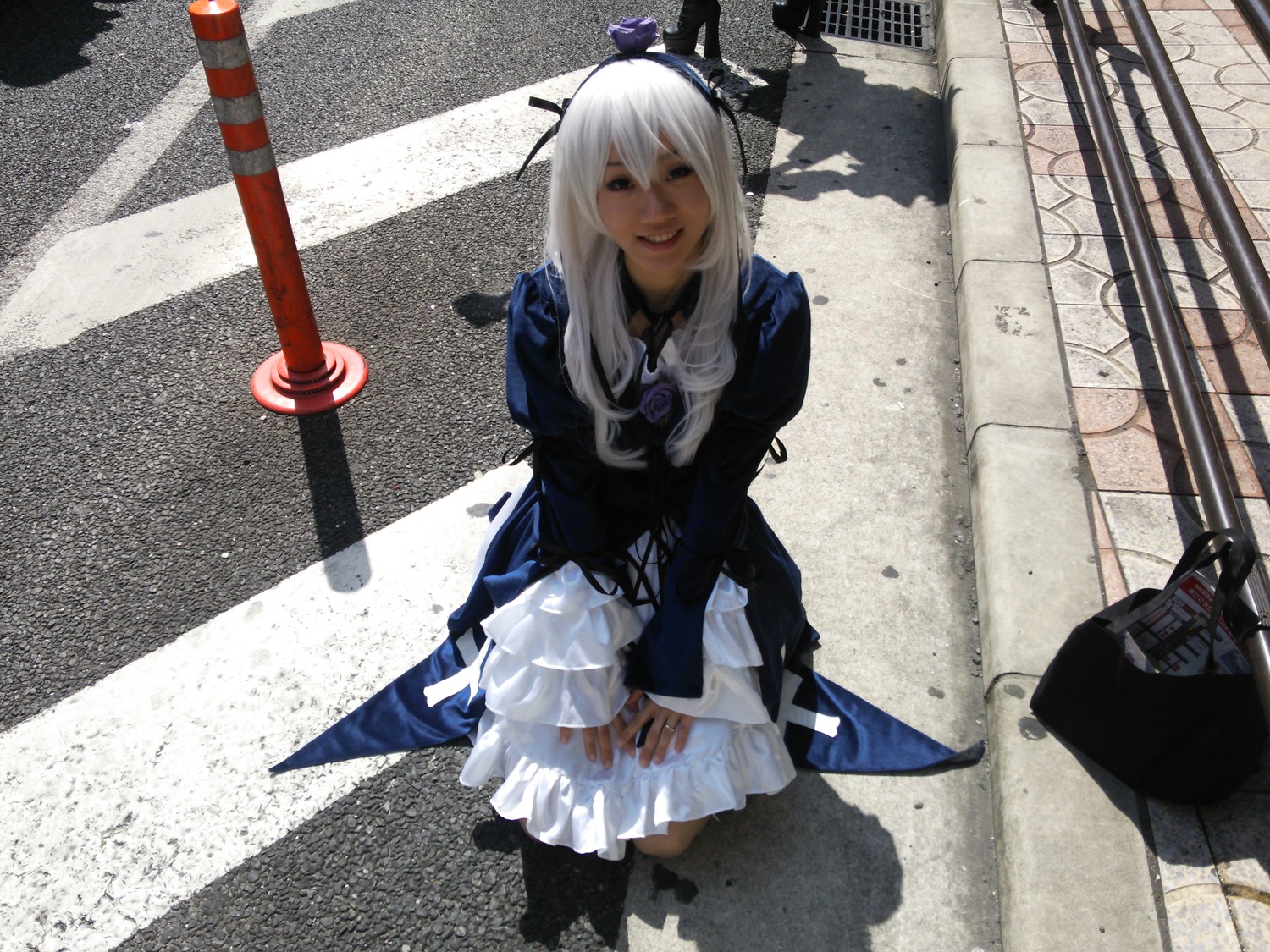 1girl dress flower long_hair long_sleeves photo photo_background smile solo suigintou weapon white_hair