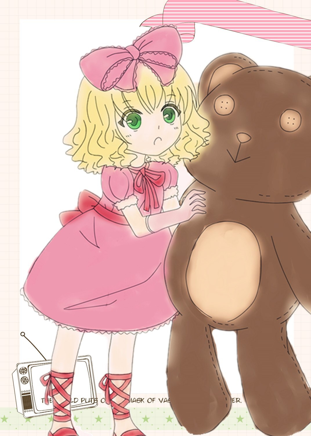 1girl blonde_hair bow cross-laced_footwear dress frills full_body green_eyes hair_bow hina_ichigo hinaichigo image pink_bow pink_dress ribbon short_hair solo standing striped stuffed_animal sweatdrop teddy_bear wavy_hair