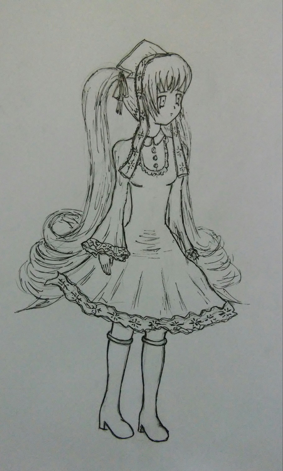 1girl bare_shoulders boots chain dress full_body greyscale hatsune_miku image knee_boots long_hair monochrome shinku solo standing traditional_media very_long_hair