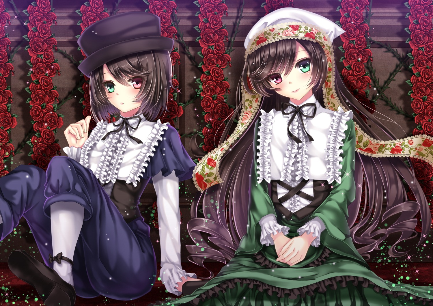 2girls :o auto_tagged blush brown_hair commentary_request dress flower frills green_dress green_eyes hat head_scarf head_tilt heterochromia image long_hair long_skirt looking_at_viewer multiple_girls own_hands_together pair pants pantyhose parted_lips photoshop_(medium) pink_rose plant red_eyes red_flower red_rose ringlets rose rozen_maiden short_hair siblings sisters sitting skirt smile souseiseki suiseiseki thorns top_hat toshi_(1-147) twins v_arms vines