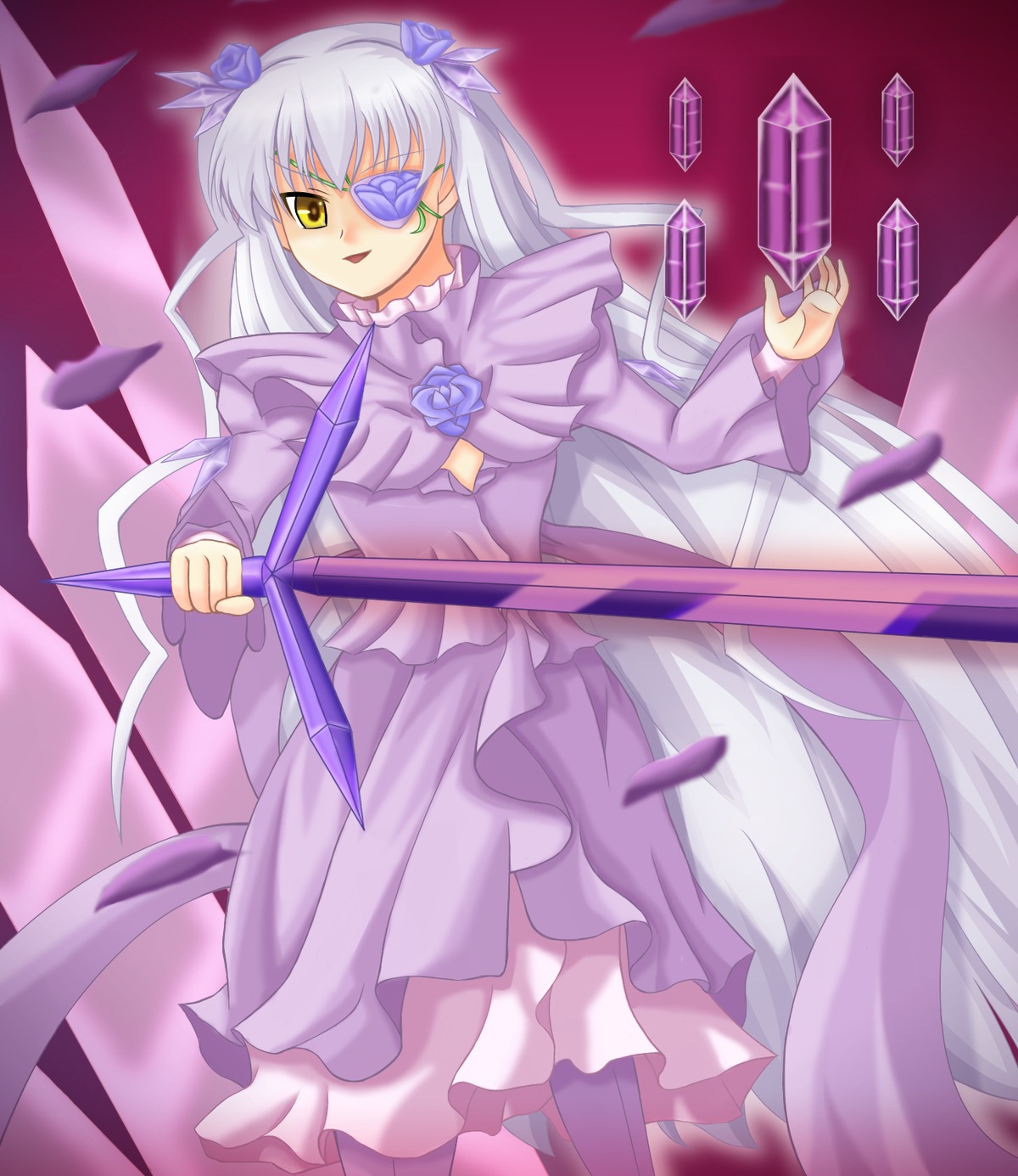 1girl barasuishou dress eyepatch flower frills image long_hair long_sleeves purple_flower purple_rose ribbon rose silver_hair solo very_long_hair yellow_eyes