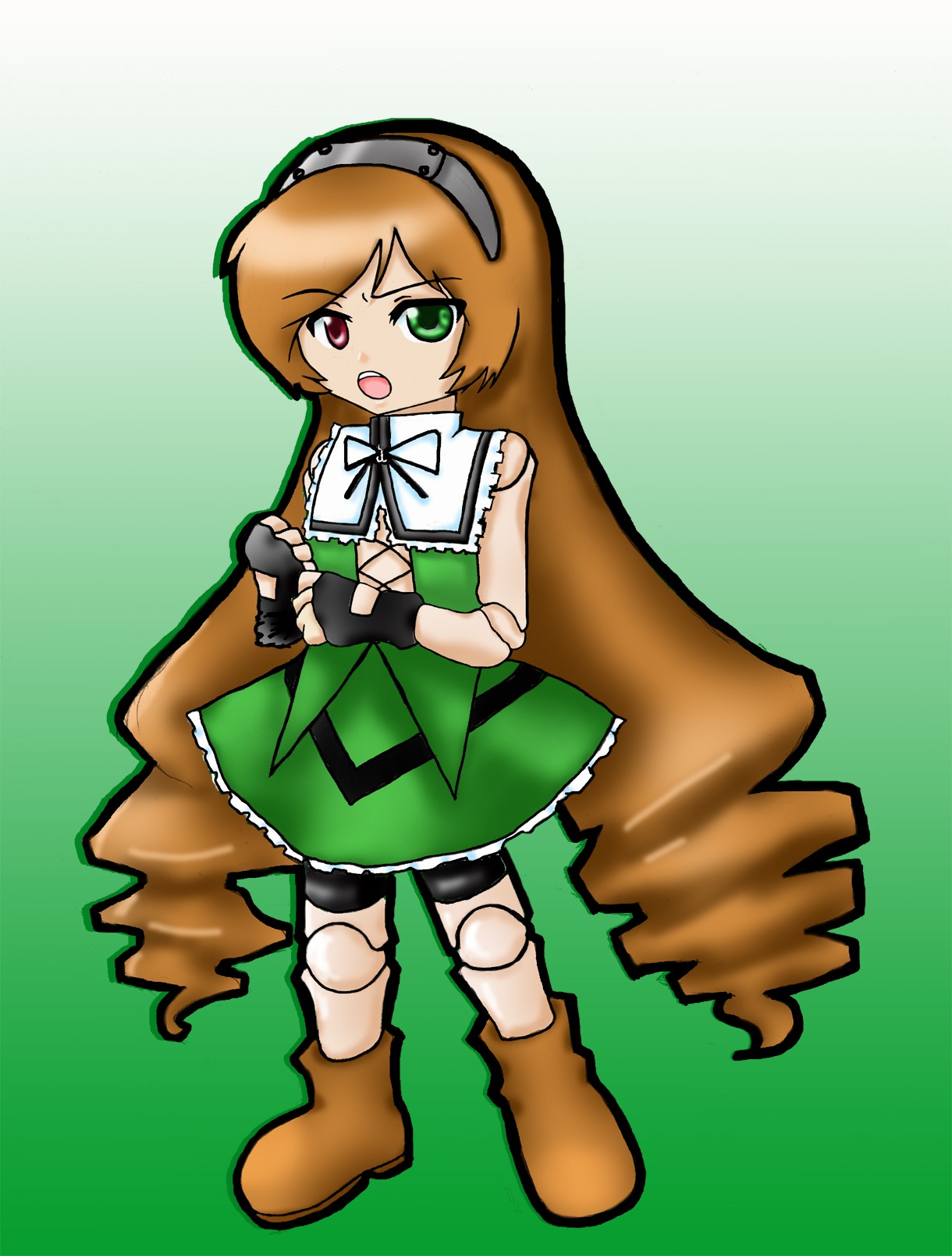 1girl boots brown_footwear brown_hair dress full_body gloves green_background green_eyes heterochromia image long_hair open_mouth red_eyes ribbon sleeveless solo standing suiseiseki very_long_hair