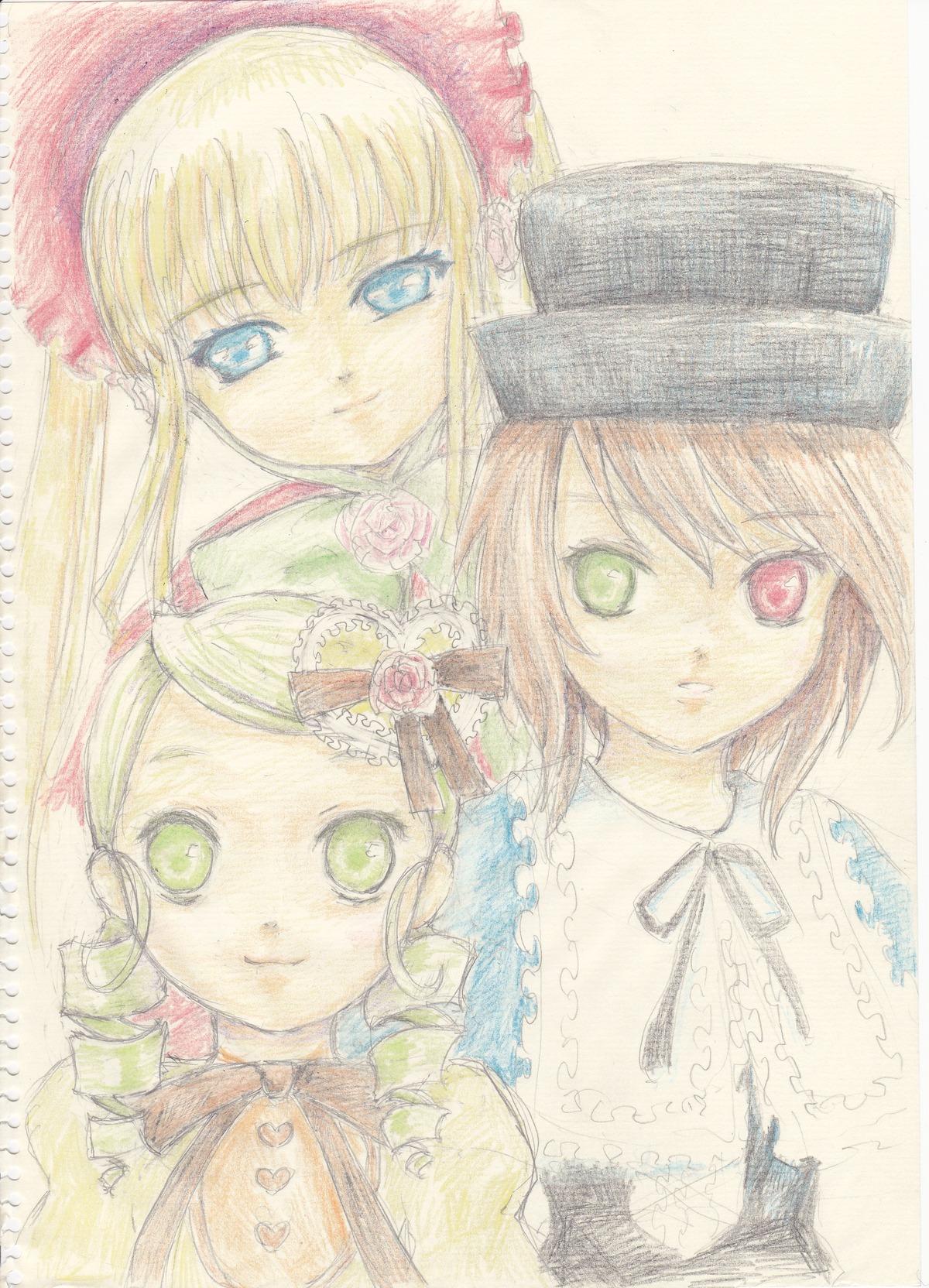 3girls auto_tagged blonde_hair bonnet bow brown_hair drill_hair expressionless flower green_eyes hat heterochromia hina_ichigo image kanaria long_hair looking_at_viewer multiple multiple_girls pink_flower red_eyes rose shinku short_hair siblings sisters souseiseki suigintou suiseiseki tagme traditional_media twins