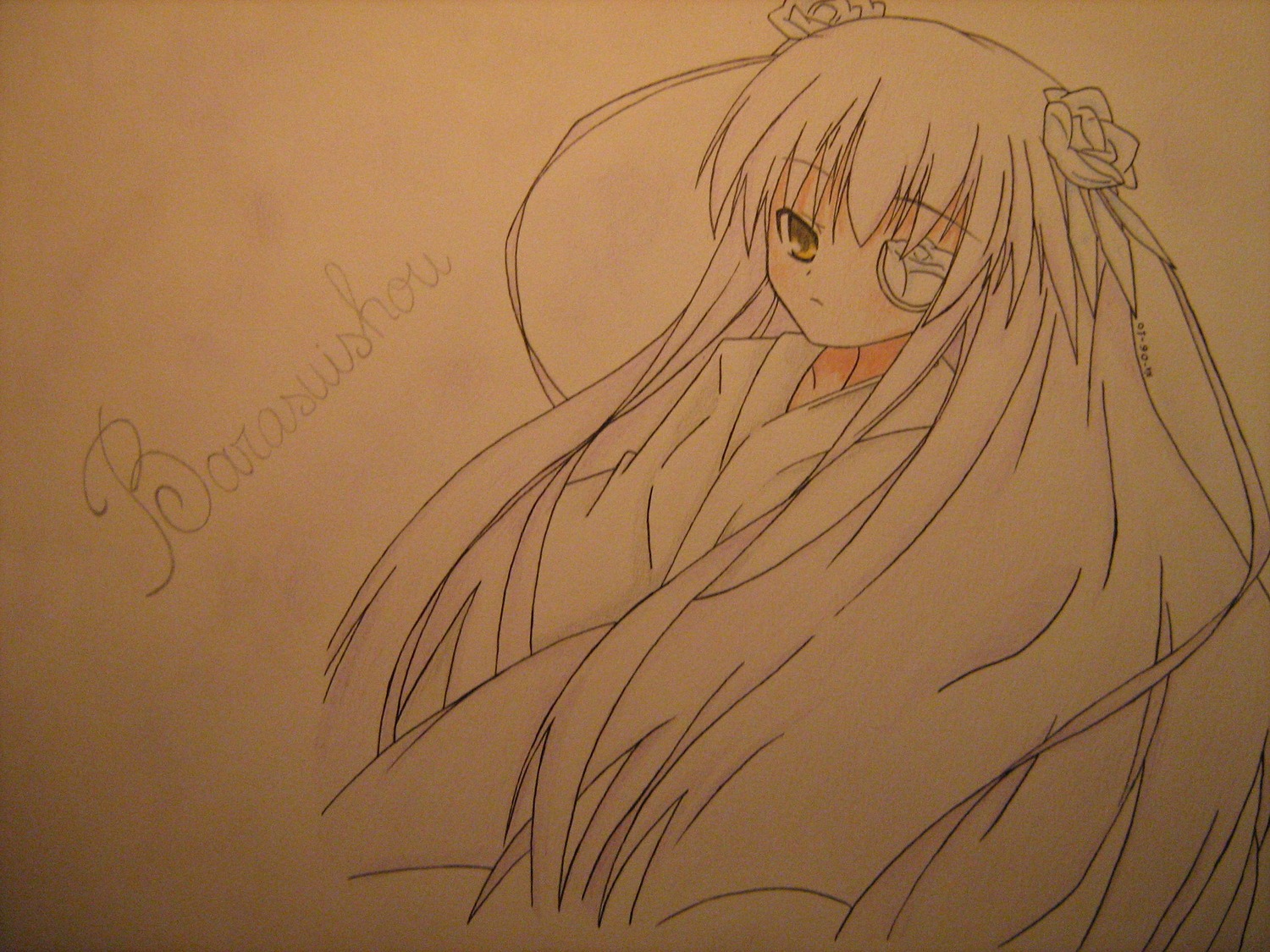 1girl barasuishou flower hair_flower hair_ornament image japanese_clothes kimono long_hair long_sleeves looking_at_viewer monochrome simple_background solo upper_body very_long_hair