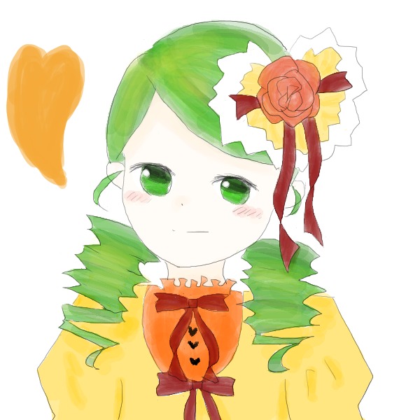 1girl blush closed_mouth flower food green_eyes green_hair hair_ornament image kanaria looking_at_viewer red_flower ribbon simple_background solo striped white_background
