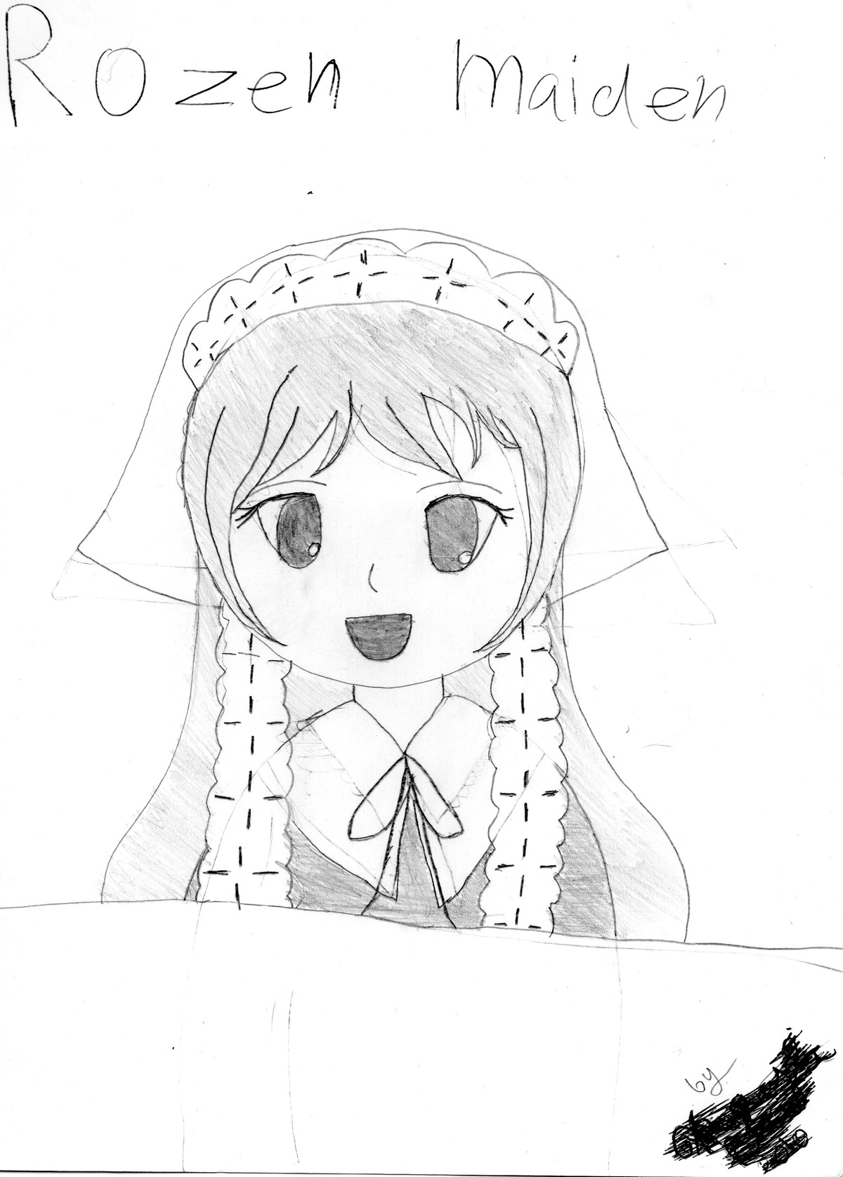 1girl :d bonnet dress greyscale image long_sleeves monochrome open_mouth signature smile solo suiseiseki